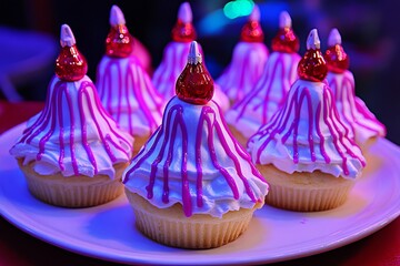 Four cupcakes with pink frosting and red candy cones on a white background.