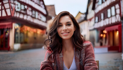 Fototapeta premium Junge Frau in einem Café in der Altstadt