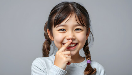 Portrait of teen girl pick her nose on grey background. Funny cute child with finger in nose. Health care and hygiene concept. Girl picking nose and laughs isolated with white highlights, png