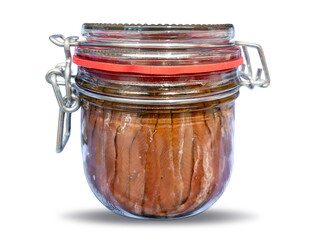 Anchovy fillets in olive oil in glass jar with spring closure isolated on white with clipping path included