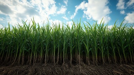 Fototapeta premium Lush green corn crop with visible roots.