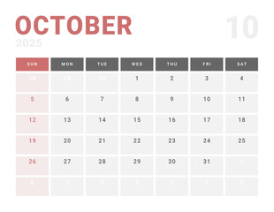 Monthly page Calendar Planner Template of October 2025. Vector layout of calendar with week start Monday for Scheduling. Page for size A4 or 21x29.7 cm