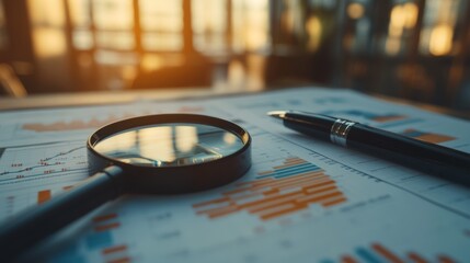 Analyzing financial data and reports with a magnifying glass and pen on a desk during the golden hour