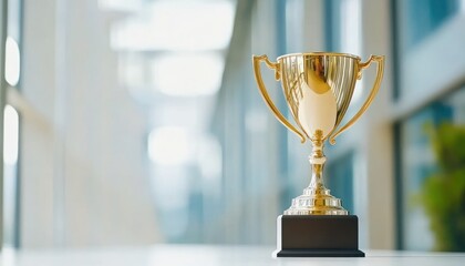 A Golden Trophy on a White Surface with a Blurred Background