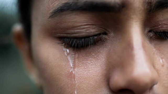A close-up of a person with a tear rolling down their cheek, conveying emotion and vulnerability.