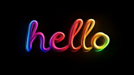Colorful neon hello sign illuminated against a dark background, showcasing vibrant hues with a smooth, fluid design