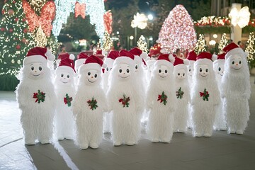 White llamas in festive Santa hats bring holiday cheer to the scene.