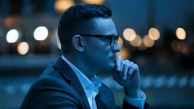 A contemplative man in a suit, deep in thought against a blurred urban background.