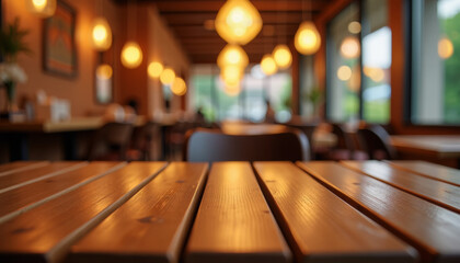Blurred Cafe Interior with Wooden Table