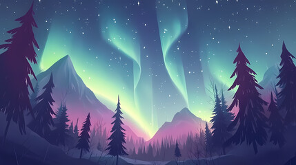 A stunning aurora borealis dancing in the night sky above a peaceful forest, aurora, borealis, northern lights, night sky, forest. Aurora. Illustration