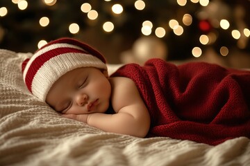 Peaceful baby sleeping on cozy blanket with festive Christmas tree backdrop.