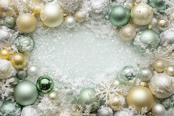 A festive wreath made of Christmas ornaments, adorned with snowflakes in a winter wonderland.