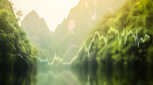 Serene Landscape with Mountains and Calm Water, Features Abstract Data Visualization Overlay Representing Growth and Change in Nature's tranquility
