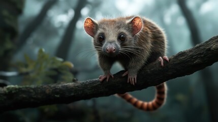 Close-up of a small marsupial with large eyes and striped tail perched on a tree branch in a misty forest setting.