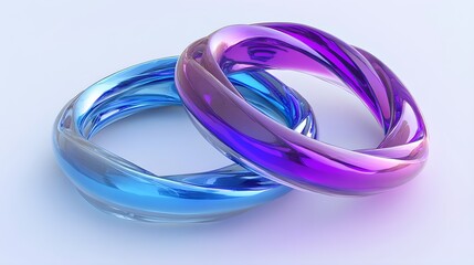 Two Intertwined Glossy Rings in Blue and Purple Hues Reflecting Light with Soft Shadows on a Smooth Surface Ideal for Abstract Art or Design Concepts