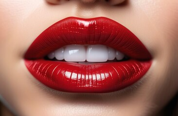 Obraz premium Red glossy lips close-up. Beautiful sexy parted lips of a young girl. White, straight teeth. Advertising of decorative cosmetics, lipstick. Feminine beauty. Photography for beauty, fashion magazine