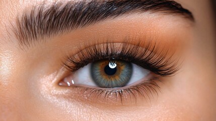 Fototapeta premium Close-up of a woman's eye with long, dark eyelashes and peachy eyeshadow.