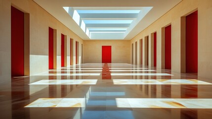 Fototapeta premium A long hallway with red doors and a skylight, light reflecting on the floor.