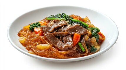 A beautifully plated serving of Korean japchae (stir-fried glass noodles) with vegetables, beef, and a savory sauce, set against a white backdrop to highlight the dish glossy appearance