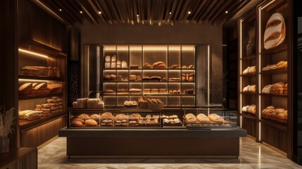A bakery display with artisanal bread and pastries, illuminated by warm lighting, inviting customers in with a cozy, delectable atmosphere.
