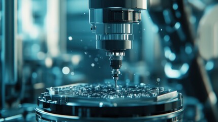 Close-up of a CNC machine drilling a circuit board with metallic blue tones and water spray.