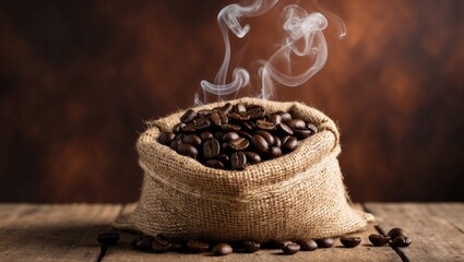 Burlap sack filled with roasted coffee beans and rising steam against warm brown background