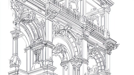 Architectural Line Drawing: Intricate Baroque Archway