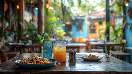 Obraz premium Tropical Restaurant Scene: A Culinary Delight in a Lush Outdoor Setting