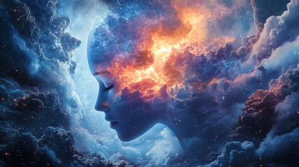 A human mind set against a cosmic background, featuring a detailed brain and face merging with the universe