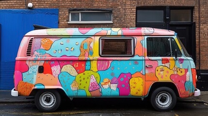 A colorful van adorned with vibrant, playful artwork, likely used for food or leisure purposes.