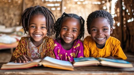 equality education volunteer service concept picture of underprivileged and poor black African primary student is reading text book while learning at school.
