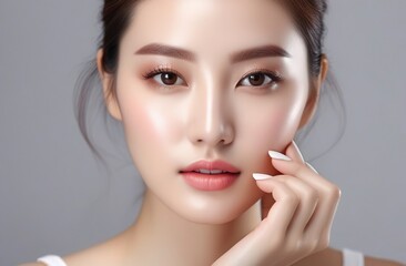 Beautiful Korean girl. Young woman model. Close-up of the asian face. Photo for advertising Korean cosmetics, beauty salon, plastic surgery clinic, cosmological clinic. Perfect fare skin