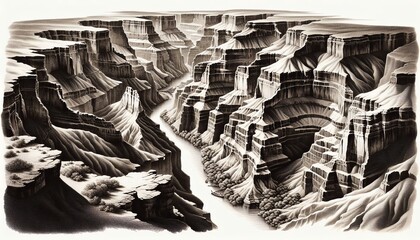 Stunning black and white depiction of rugged canyon landscape with winding river showcasing natural beauty and geological formations
