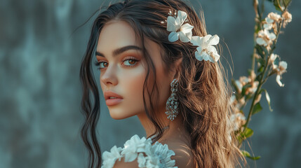 Fototapeta premium Piękna modelka z długimi włosami, które opadają w delikatnych falach, podkreślając jej wyraziste rysy.