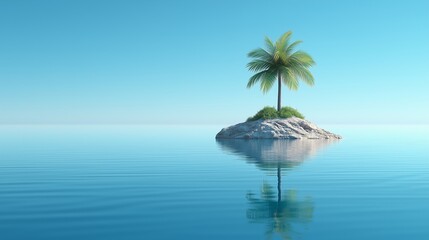 A tranquil vector illustration of a small tropical island featuring a single palm tree surrounded by a calm, endless ocean. 