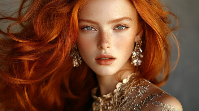 Piękna modelka z długimi włosami, kt&oacute;re opadają w delikatnych falach, podkreślając jej wyraziste rysy.