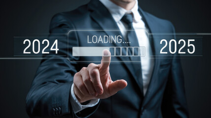 A man in a suit is pressing a button that says "Loading...". Concept of urgency and anticipation, as the man is likely waiting for something important to load or be completed