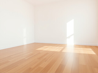 Fototapeta premium Bright and empty interior with wooden flooring and sunlight streaming in during the afternoon hours