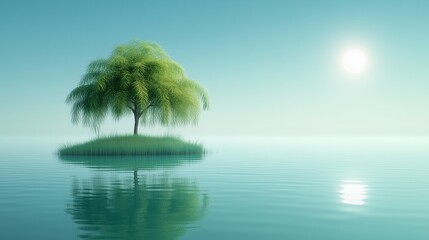 Obraz premium A tranquil vector illustration of a small tropical island featuring a lush green palm tree surrounded by calm turquoise waters. 