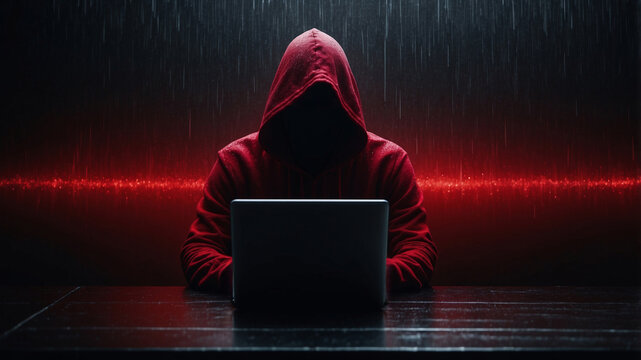 Mysterious hacker in red hoodie typing on laptop in dark cybernetic setting