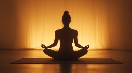 Silhouette of a woman meditating in a yoga pose in a dimly lit room.
