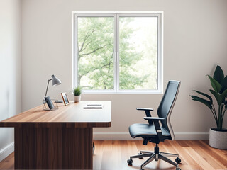 Fototapeta premium Cozy home office with modern desk, ergonomic chair, and natural light streaming in through the window
