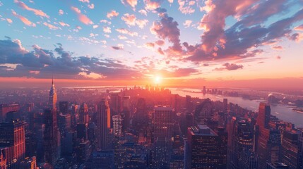 Obraz premium A vibrant sunset over a cityscape with tall buildings, casting a warm glow over the scene.