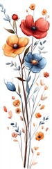 Watercolor painting of colorful wildflowers with delicate petals and leaves on a white background.