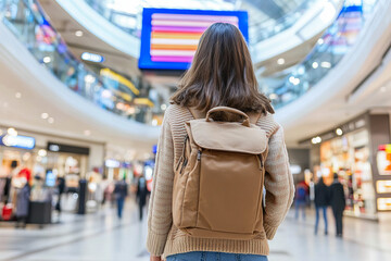 Young woman exploring a shopping mall with a backpack, modern retail environment, festive decorations, and vibrant lighting creating a dynamic and inspiring atmosphere for lifestyle, travel, and holid