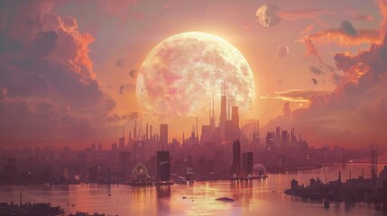 A futuristic city skyline with a large, glowing moon in the sky and clouds.
