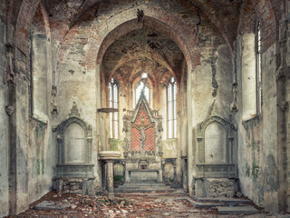Fototapeta premium view inside to central part of old catholic church in ruins