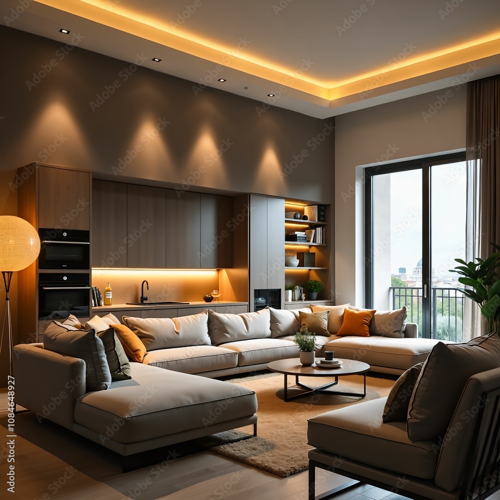 Poster warm, inviting living room with a sophisticated color palette. soft lighting and plush seating creat