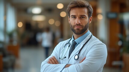Fototapeta premium a man in a white coat with his arms crossed