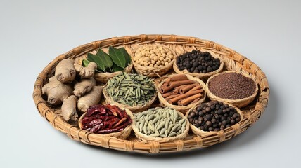 Obraz premium Assorted spices in woven basket, showcasing vibrant colors and variety